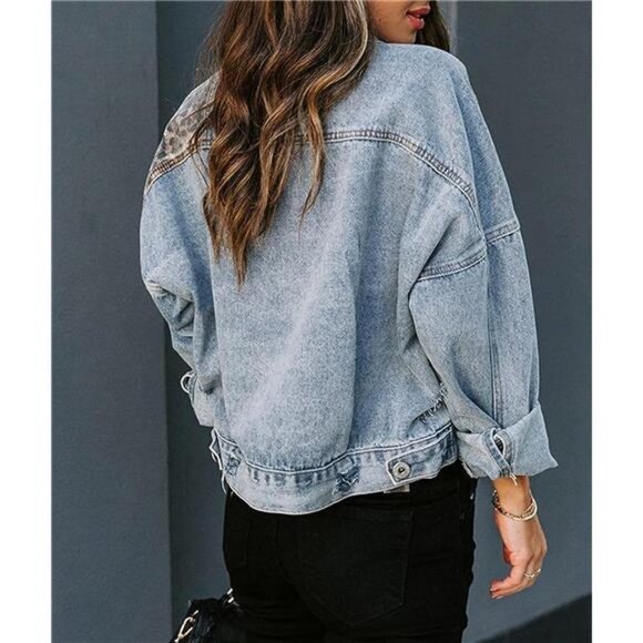 Cheetah Printed Light Wash Denim Jean Jacket Cropped Denim Trucker Jacket - Picture 4 of 7